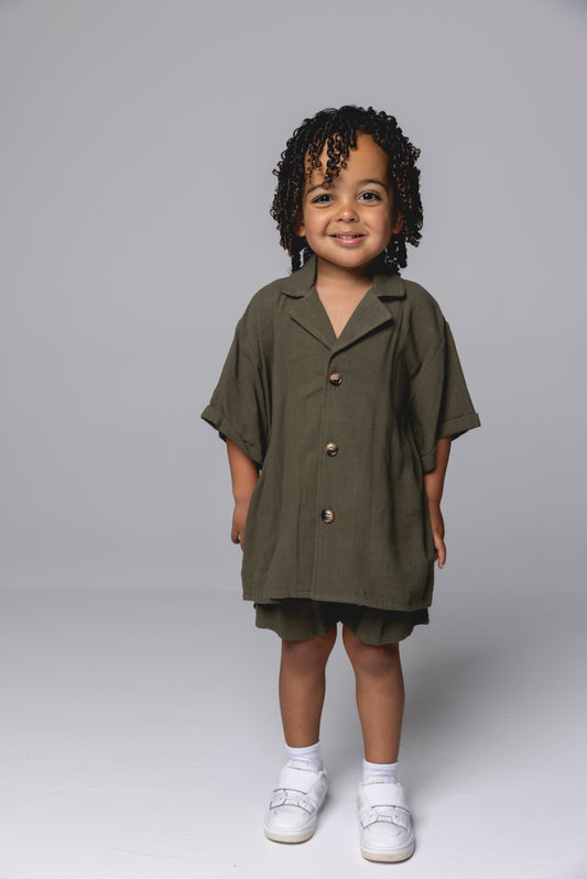 Linen Shirt & Short Set - Olive